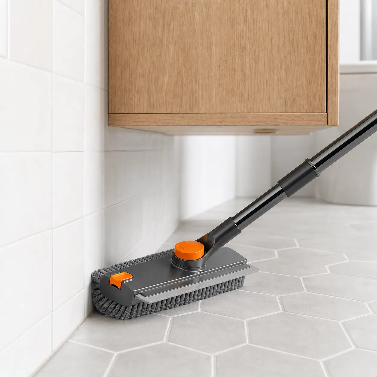 3-in-1 Squeegee Broom Scrubber with Long Adjustable Stainless Steel Pole, Heavy-Duty Home Cleaning Tool for Bathroom Tile & Grout, Tub, Outdoor Laminate Surfaces