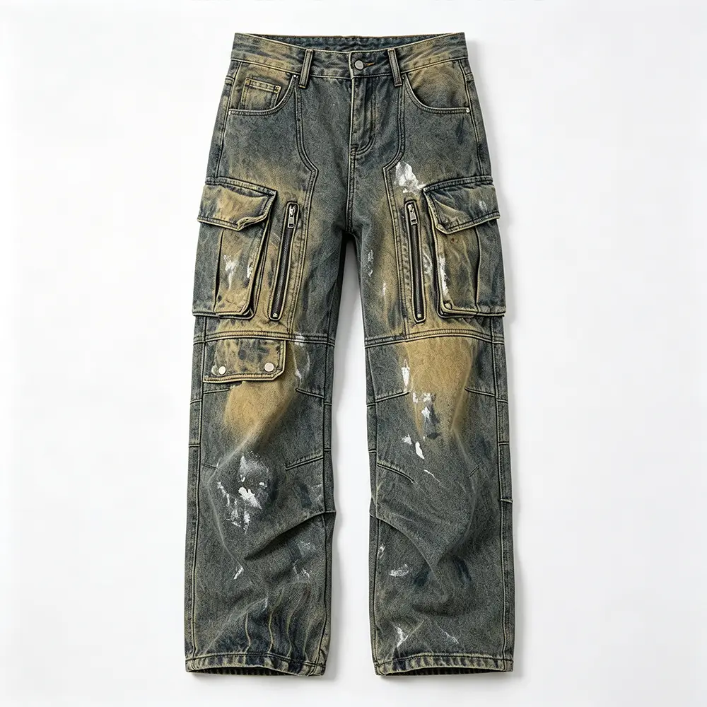 Wide Leg Baggy Cargo Jeans, Vintage Mud Acid Wash, White Paint Splatter Graffiti, Multi Zipper Flap Cargo Pockets, Deconstructed Patchwork Stitching, Y2K Grunge Streetwear, Techwear Utility Bottoms, Skate Avant Garde Fashion Trousers
