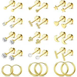 Stylish Small Hypoallergenic Flat Back Stud Earrings for Women Men 14K Gold Plated Surgical Stainless Steel Earring Sets Tiny Screw Back Cartilage Earring