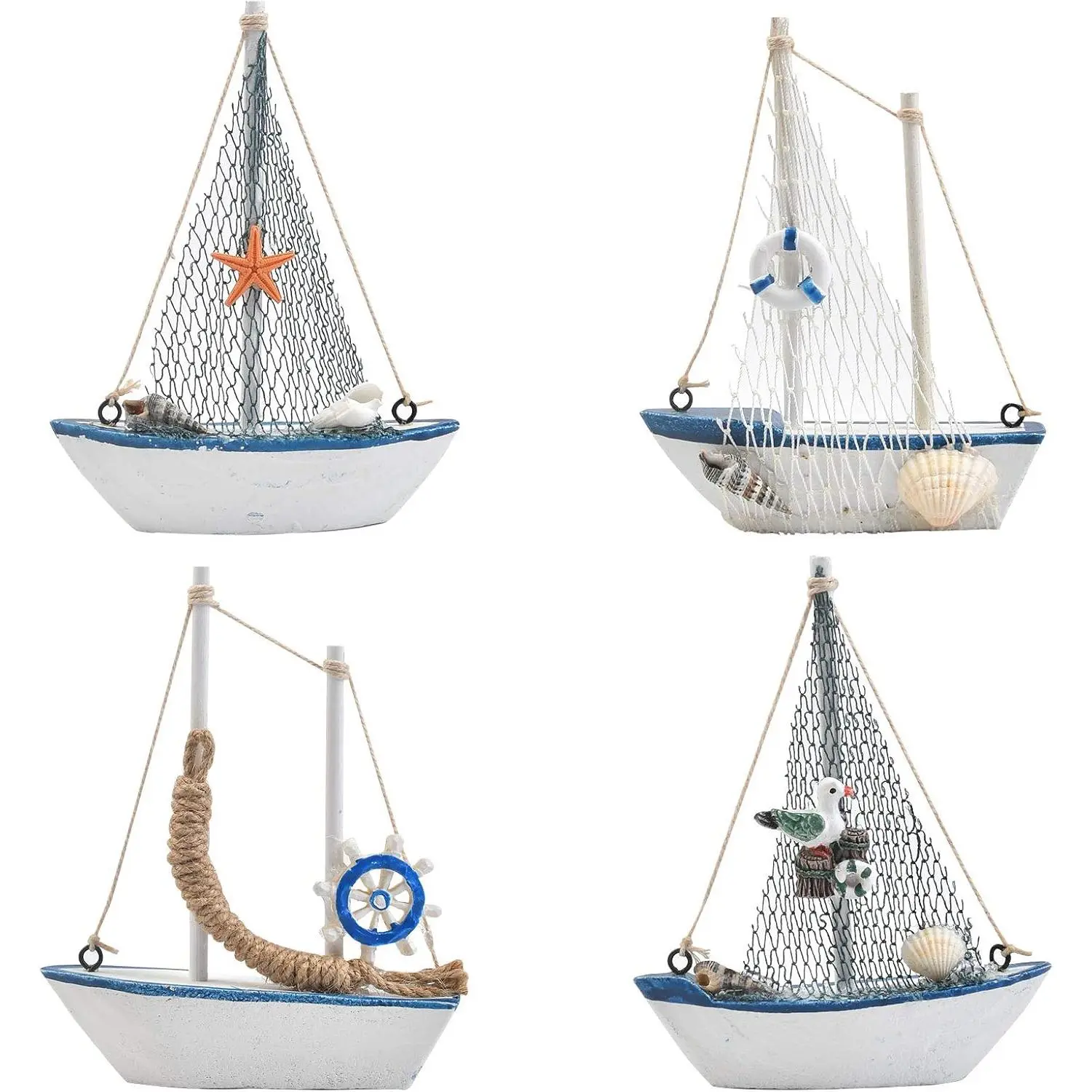 O Mini Sailboat Model Decoration - 4- Wooden Miniature Sailing Boat Home Decor Set