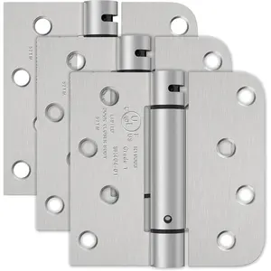 4 Inch Self Closing Spring Loaded Door Hinges, 5/8" Radius Corners, UL Listed Brushed Nickel, 3 Pack - Fits Left & Right Hand Doors for Exterior, Garage, Front and Back Doors
