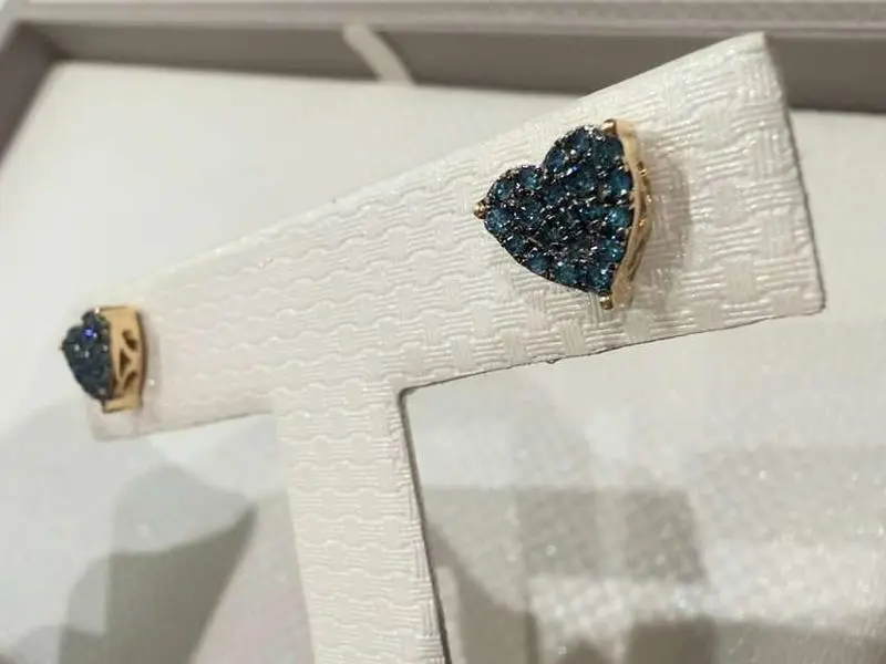 14K Gold Natural Blue Diamond Heart Stud Earrings.