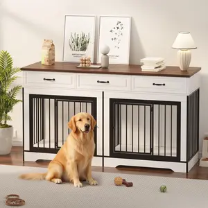 Spacious Dual Dog Crate Furniture for 2 Medium/Large Dogs – Heavy Duty Wooden Indoor Kennel with 3 Drawers – Decorative End Table & TV Stand – 70.9" x 23.6" x 38.6" – Modern Home Style
