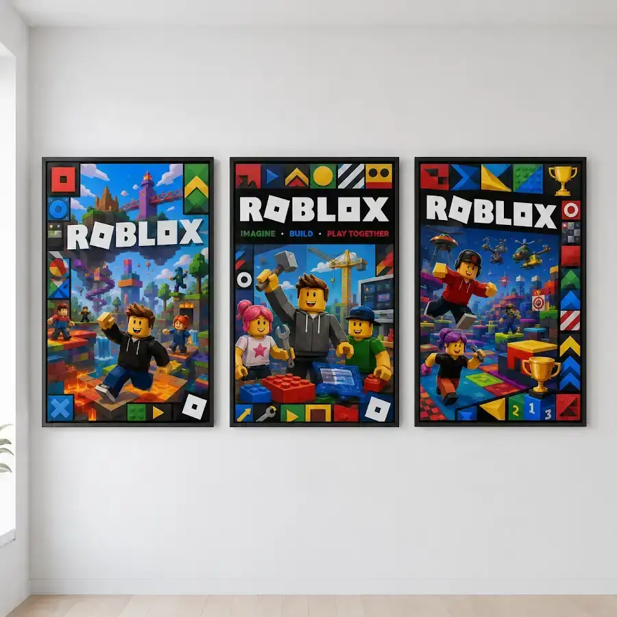 Roblox Block World Avatars & Obby 3 Piece Wall Art Set, Colorful Kids Playroom & Bedroom Gamer Poster Prints