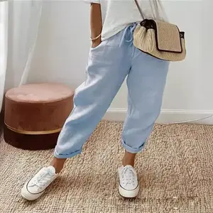 2025 Cotton Linen Pants for Women Summer Casual Capri Pants Waist Elastic Comfy Loose Women's Palazzo Trousers with Pockets