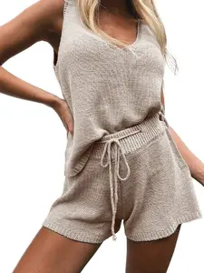 Tankaneo Women's Summer Lounge Sets Knit 2 Piece Outfits Vacation Beach Tank Tops and Shorts Loungewear Pajama Set