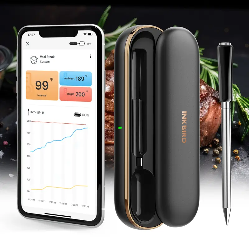 INKBIRD Stainless Steel Bluetooth Wireless Meat Thermometer, Waterproof, Temperature Alarm, Ceramic, PVC, Plastic, USDA Menus Compatible, Single Unit Kitchen Utensil for Barbecue Grill Cooking