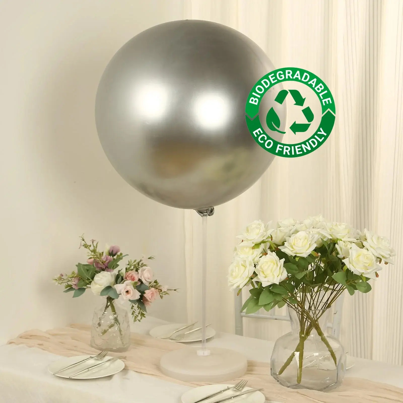 5-Pack 36" Metallic Chrome Silver Thick Biodegradable Latex Balloons, Eco-Friendly Large Round Hanging Decor, Rubberz Photo Booth Props for Baby Showers, Birthday Parties, Room Decor