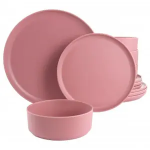 Crest Kids 12-Piece Round Melamine Tableware Set - Shatterproof Canyon Crest Pink Plates and Cutlery (Gibson Home Collaboration)