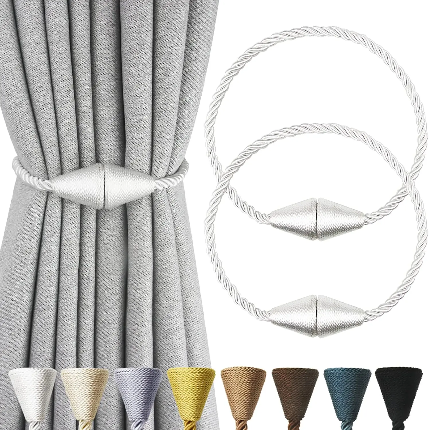 2-Pack Magnetic Curtain Tiebacks Rope, Modern Handmade Woven Holdbacks, Silver Rope Attachment for Magnetic Hold & Tie Back Curtains, Window Drape Interior Decor Accessories, Magnetic Hold Curtains