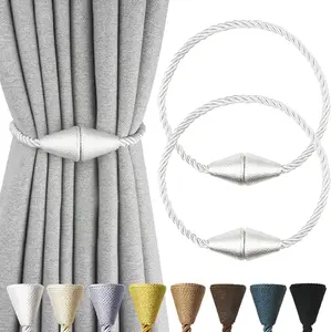 2 Pack Magnetic Curtain Tiebacks Rope Modern Handmade Curtain Tie Backs Decorative Drapes Weave Holdbacks for Window Décor, Silver