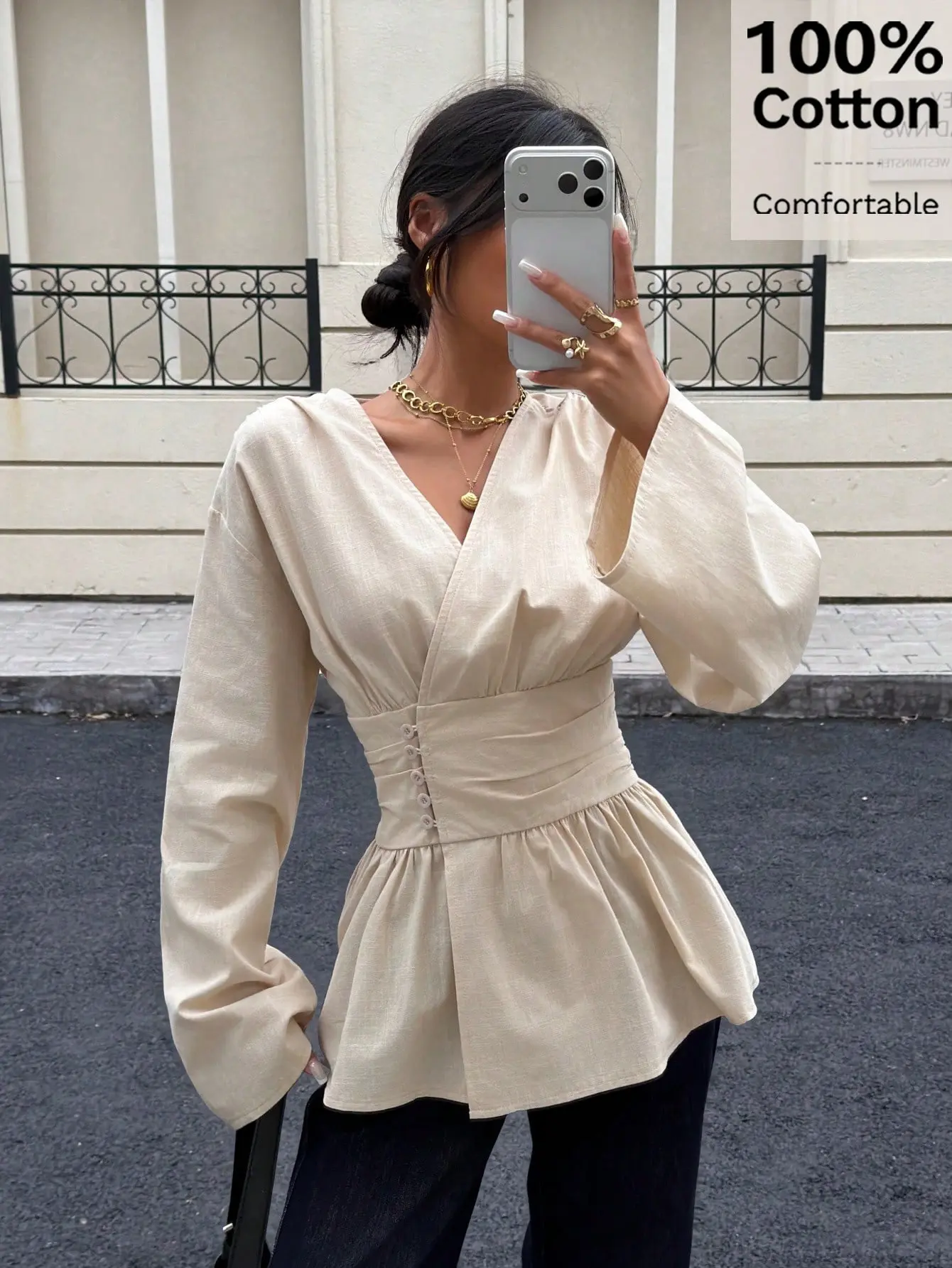 VYNCE Women's Elegant Apricot Peplum Blouse 100% Cotton V Neck Bishop Sleeve Cinched Waist Top Chic Autumn Outfit Versatile Work Top