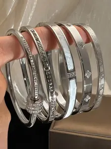 5-Piece Waterproof Titanium Steel Bracelet Set, Rhinestone Star Design, Plated, Versatile Style, Unisex Jewelry, Stackable Bracelets