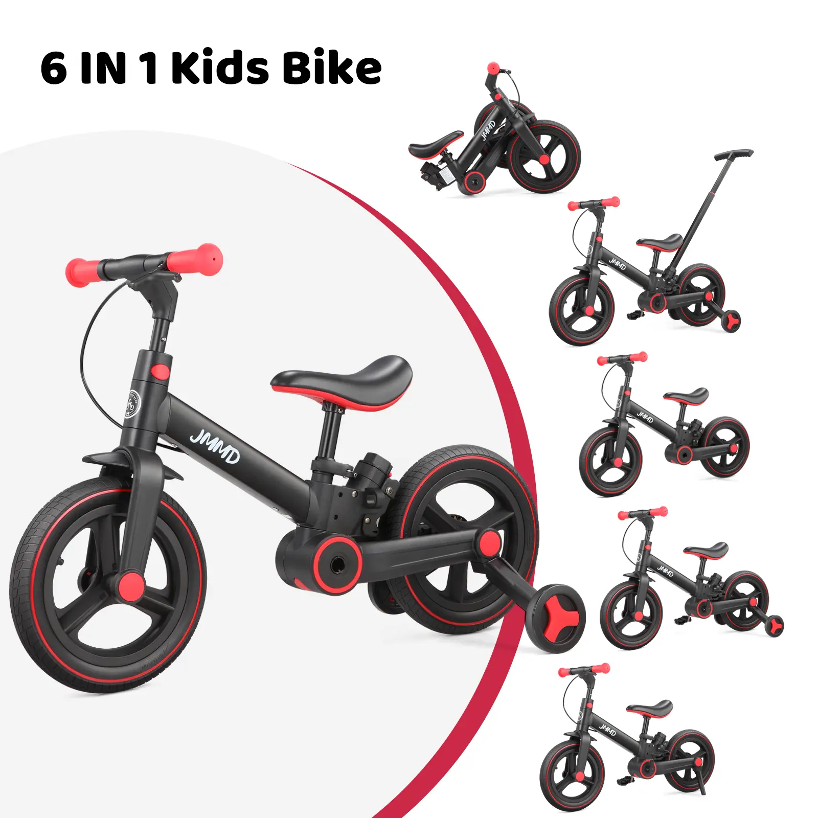 【ChristmasGifts】JMMD 6-in-1 Multi-Functional Toddler Balance Bike (18-60M) - Kids Outdoor Toys with Training Wheels, Pedals, Push Handle, Brakes, Kickstand, Unisex Ride-On for Christmas, First Birthday Gifts, Baby Bicycles