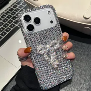 Luxurious Sparkling Hot Girl Princess Style Full Rhinestone Phone Case 3D Bowtie + Full Rhinestone Wrap Design For iPhone13 14 15 16 17 pro max Full Series Full Coverage Shockproof Bling Vibe Eye-Catching Phone Case