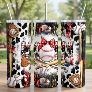 Baseball Mom Tumbler 20oz - 18/8 Food-Grade Stainless Steel Insulated Cup with Lid, Metal Straw & Brush - Western Cow Print & Leopard Mom Design, Gameday Gear for Sports Mamas - Boho Baseball Wrap - Ships in 2 Days