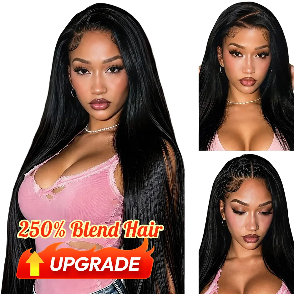 [ Blend ] Upgrade Yawawe Hair 13x6 Wear go Glueless Straight Wig Pre-Cut Pre-Plucked Blend Human Hair for Women Chocolote Brown Beginnner Friendly