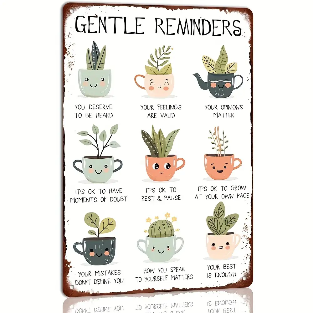 8x12 in Decorative Motivational Metal Tin Sign - Cute Potted Plants Design, Self Care Mood Booster Stress Relief Wall Mount Decor, Adult Home Office Accessories Unique Decor