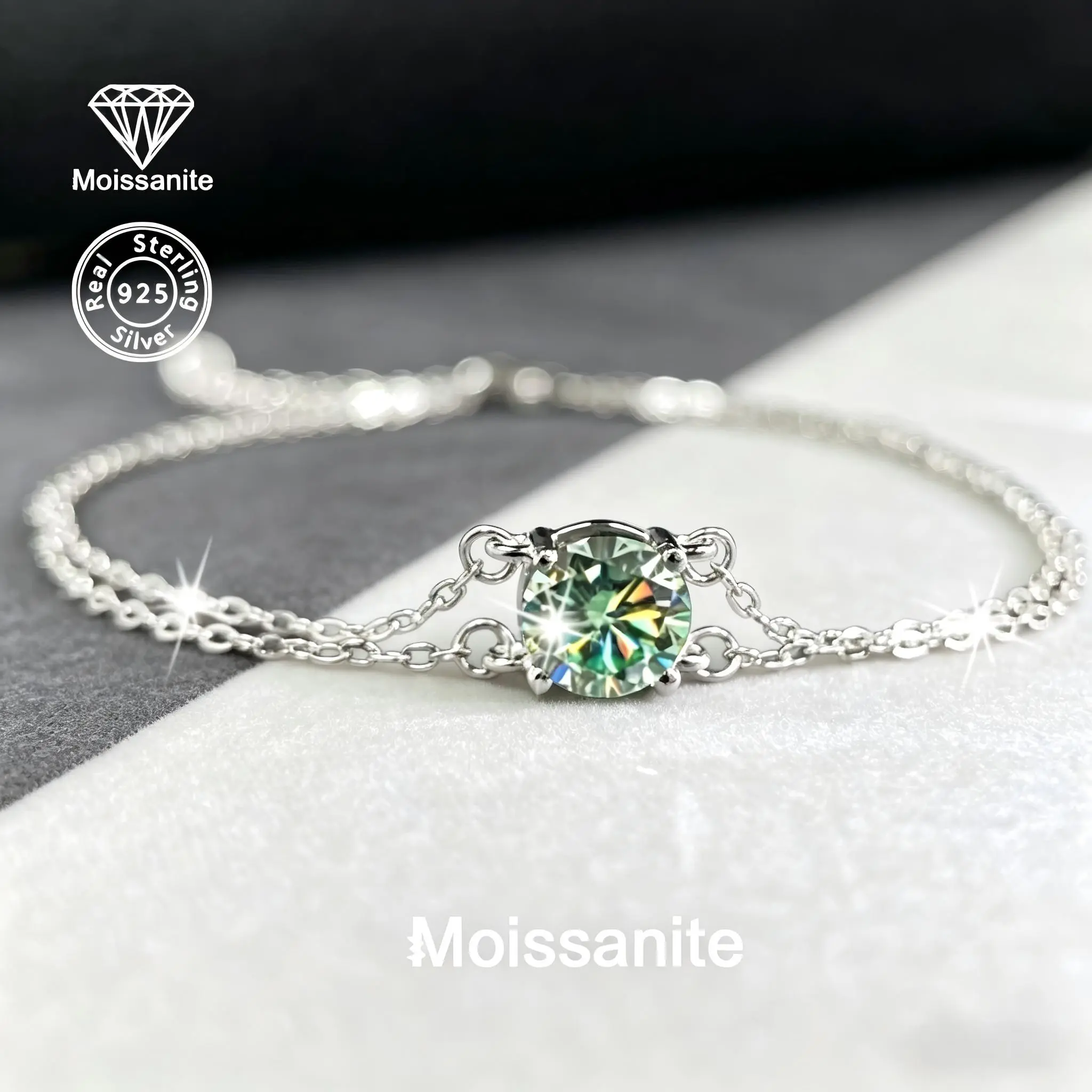 925 Sterling Silver Green Moissanite Solitaire Double Chain Bracelet, VVS1 Sparkling Diamond Alternative, Dainty Sliding Adjustable Chain Bracelet, Minimalist Stackable Luxury Jewelry, Perfect Valentine's & Birthday Gift for Her