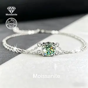 925 Sterling Silver Green Moissanite Solitaire Double Chain Bracelet, VVS1 Sparkling Diamond Alternative, Dainty Sliding Adjustable Chain Bracelet, Minimalist Stackable Luxury Jewelry, Perfect Valentine's & Birthday Gift for Her