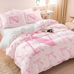 Pink Monogram Letter N King Duvet Cover Set Bow All Over Print Zipper Closure Soft Microfiber All Season Bedding for Teen Girls Bedroom Dorm Home Decor Gift