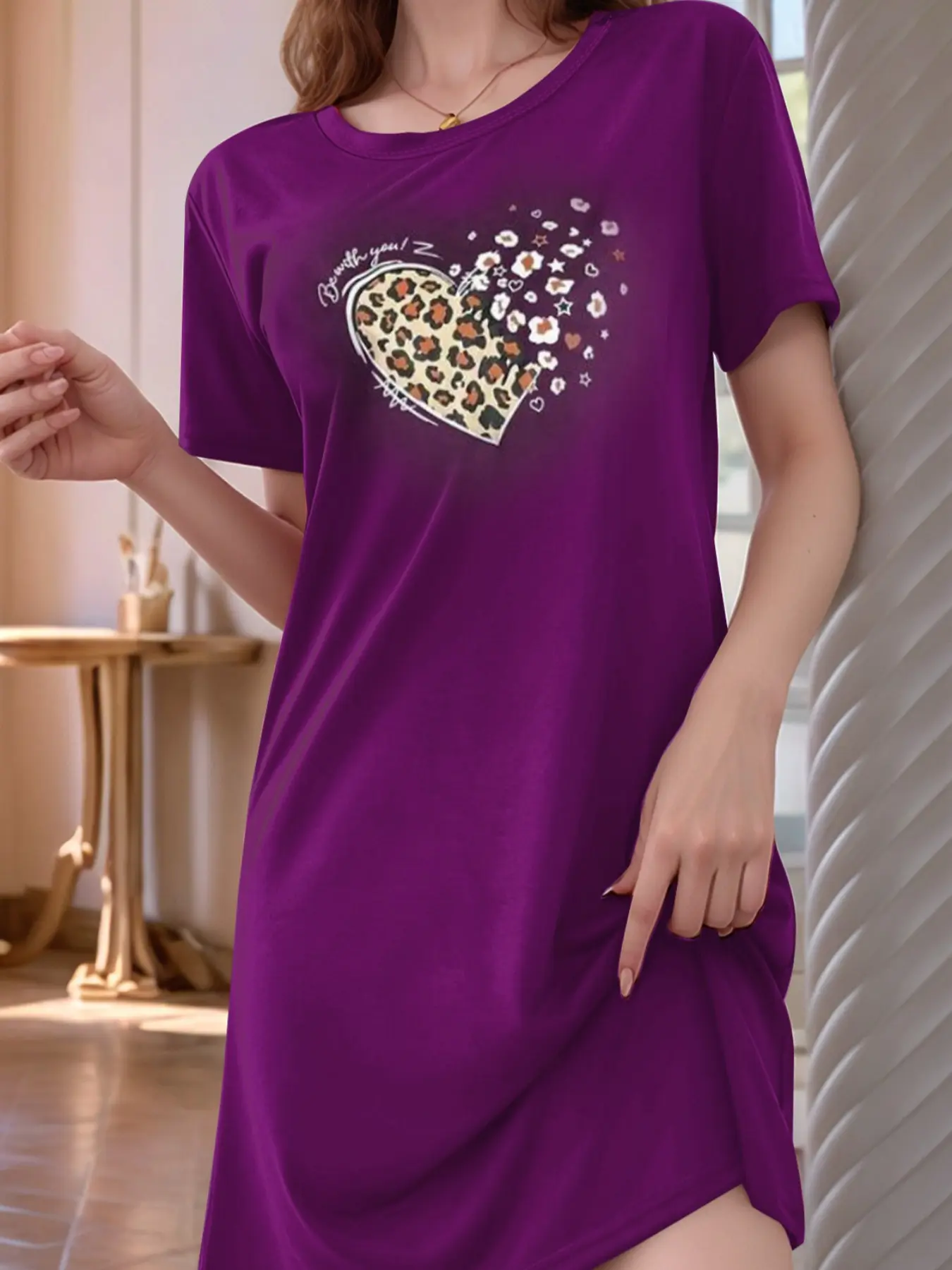 Loose Short Sleeve Women's Sleep Dress, Casual Comfortable Home Wear, Soft Fabric, Soft Lightweight Loungewear, Print, Perfect for Relaxing at Home, Ladies' Nightwear, Soft Casual Nightdress, Loungewear, Homewear, Womenswear
