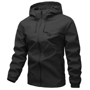Men's Solid Color Waterproof Windproof Drawstring Zip-up Hoodie Jacket with Zipper Pockets, Casual Long Sleeve Outdoor Coat Suitable for Outdoor Activities, All-Season Men's Apparel, Menswear men Black Tops Plain
