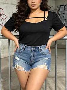 Plus Size Y2K Style Cutout Top, Short Sleeve Heart Neck Slim Fit T-Shirt, Perfect for Plus Women, Streetwear & Date Night
