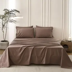 6PS Light  Brown Bedding Sets Linen Like  Bed Set Oeko-TEX Standard  Washed  Deep Pocket  Size Fitted Sheet Plus Cozy Flat Sheet and 4 Pillowcases