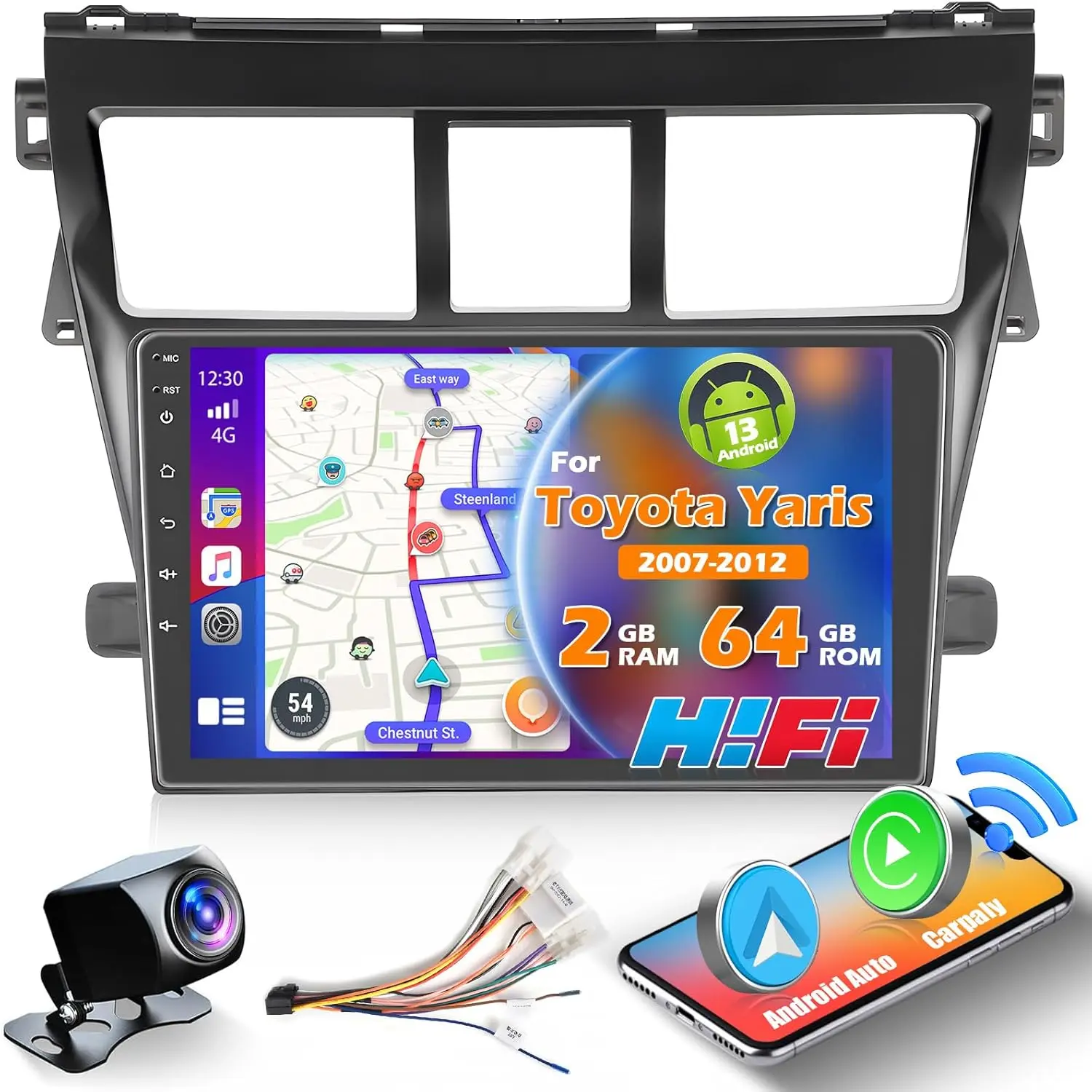 RIMOODY 2+64G 9-Inch Touch Screen Android 15 Car Stereo Unit for Toyota Yaris Vios 2007-2012, Double USB Adapter Input, Wireless Carplay, Android Auto, HiFi Bluetooth, GPS, Wi-Fi, FM RDS, Mirror Link, RCA, External Mic, In-Car Audio, Father's Day Gift, Na
