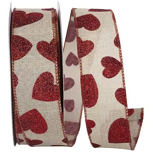 Valentine's Ribbon --- 20 yards --- 1 ½ inch -- Glitter Heart Toss Linen Wired Edge Ribbon