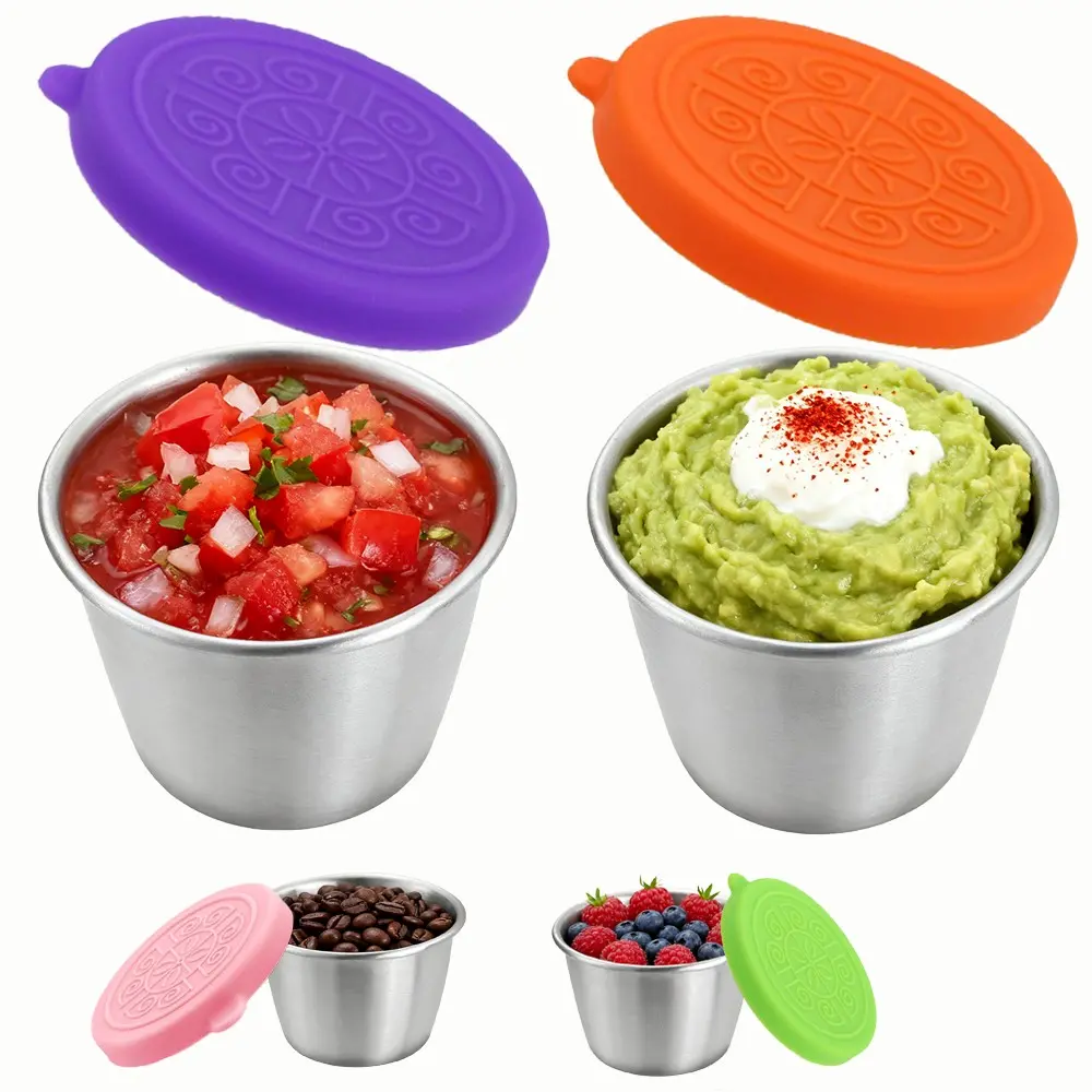 4/8 Pack 2.4oz Salad Dressing Containers, Healthy Eating Containers, Food Prep Containers, Kitchen Storage Food, 304 Stainless Steel Sauce Cups with Leak-Proof Silicone Lids, Portable Condiment Holder, Reusable Food Organizer
