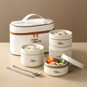 Portable Stainless Steel Insulated Bento Lunch Box Set, Round Design, Microwave Safe, Includes Thermal Bag, Chopsticks, Spoon, for Office Travel Home, Microwavable Bento Box