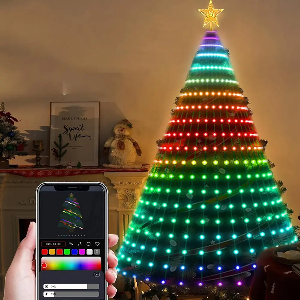 7Ft Smart Christmas Tree Lights – 400 LEDs with Ring & Topper Star, Color-Changing DIY Animation, App/Remote Control, Music Sync & Timer for Holiday Home Decor