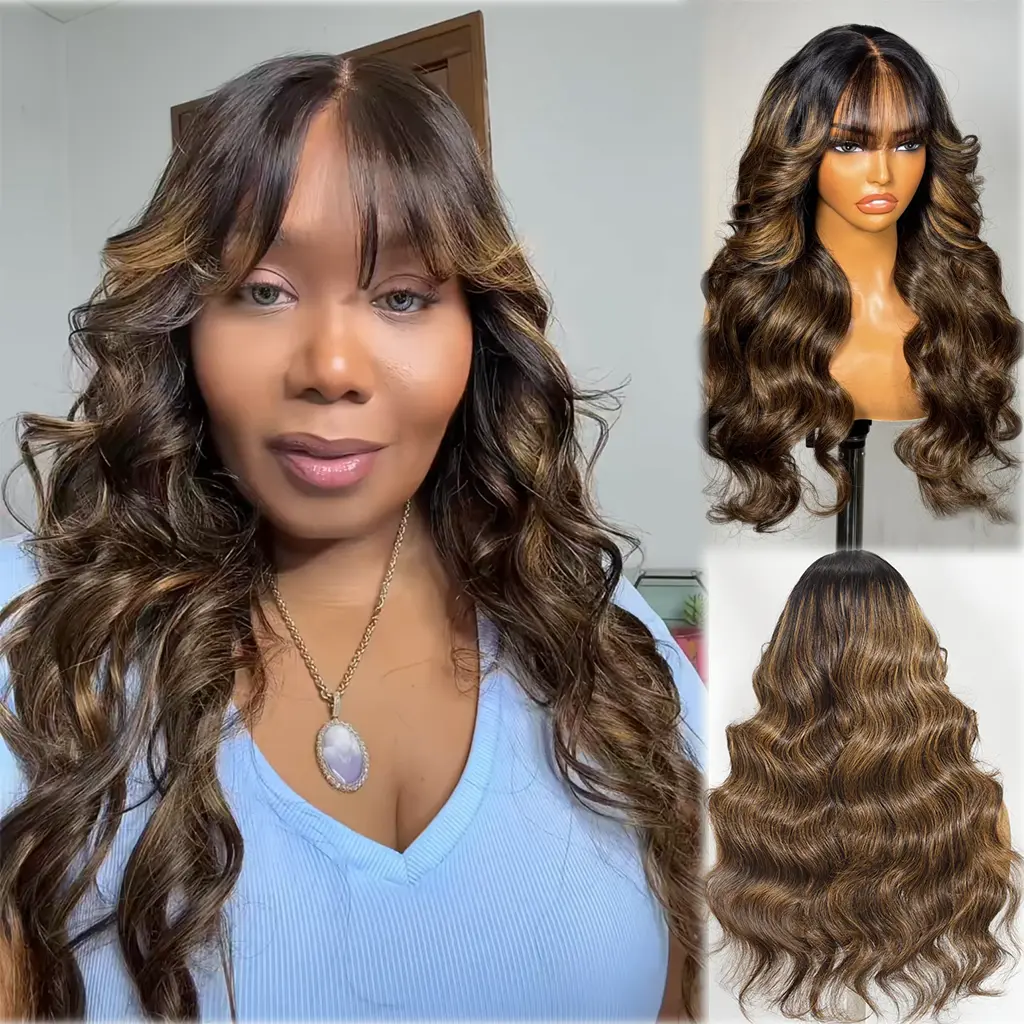 【New Arrival】Nadula Drawstring 13x4 Pre-Everything Lace Frontal Balayage Highlights Fluffy Natural Loose Wave Curtain Bangs Wig 100% Human Hair Summervibes TikTokShopStockUp