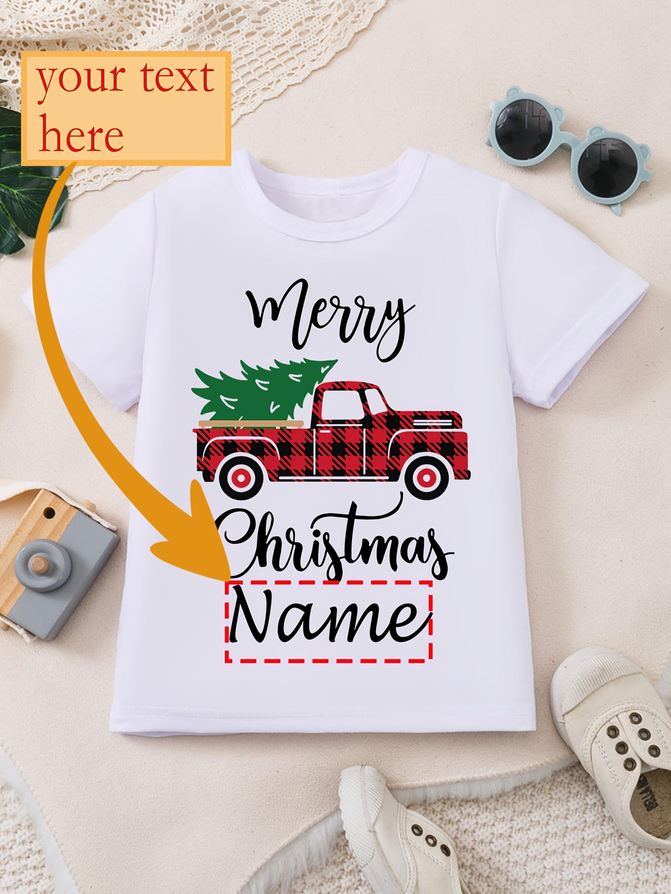 Christmas Boy's T-shirt Name Customization Christmas Happy Letter Christmas Tree and Truck Pattern Printing Trendy Comfortable Round Neck Short Sleeve Top (3-13Y)
