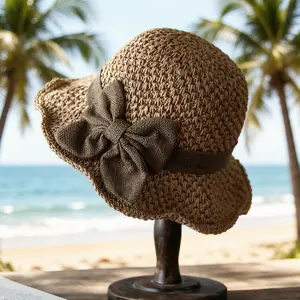 Retro hand-woven straw hat, casual and artistic style, fresh and lovely sun protection, with ruffled bow, elegant French sun hat, foldable, breathable beach hat.