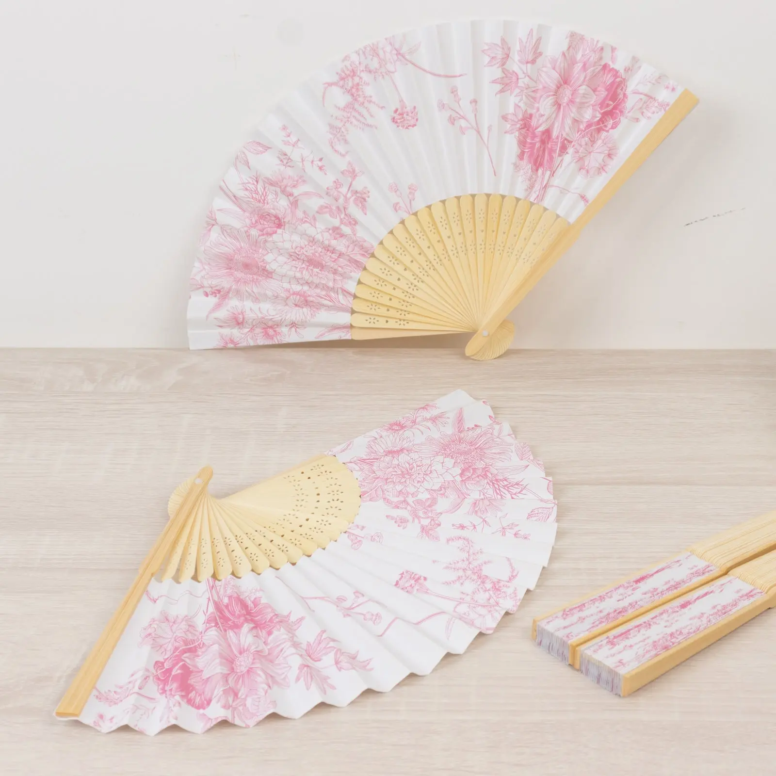 5-Pack Foldable Bamboo Frame Hand Fans, White & Pink French Toile Pattern Paper Fans for Home Goods, Decoration Items, Room Decor & Party Favors
