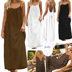 EOJN Women's Solid Color Cami Lounge Dress, 2026 Elegant Sleeveless Long Dress for Summer, Loungewear Pajama Ladies Sleepwear for Indoor Wear