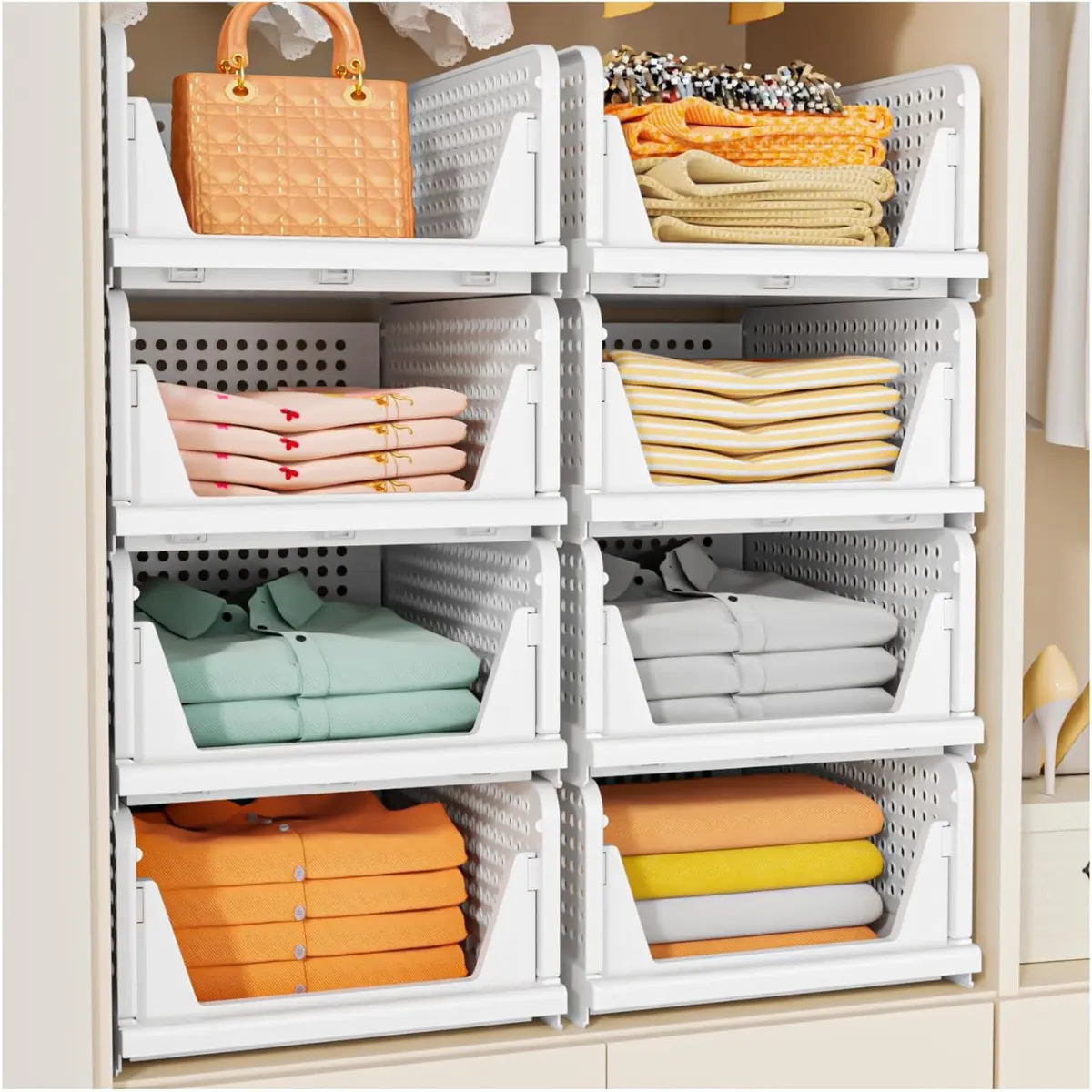 5 Pack Stackable Storage Baskets – Foldable Closet Organizer Drawers