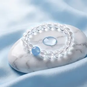 10mm Clear Quartz & Aquamarine first Bracelet, 98% Light Transparent Healing Crystal Beaded Bracelet for Meditation & Calm, Ergonomic Comfortable Stretch Wristband Jewelry for Women Men