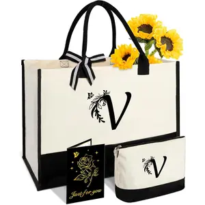Personalized Gifts for Women - Initial Canvas Tote Bag & Makeup Bag, Custom Bags for Beach, Christmas, Wedding, Birthday, Holiday, Monogram Birthday Gifts for Women, Mom, Wife, Teacher,  - V