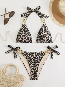 Two-piece Set Women's Leopard Print Bikini Set, Casual Halter Neck Tie Back Triangle Swim Bra & Knot Side Swim Panty, Fashion Chic Ladies Bathing Suit for Beach Holiday Vacation, Beach Bikinis