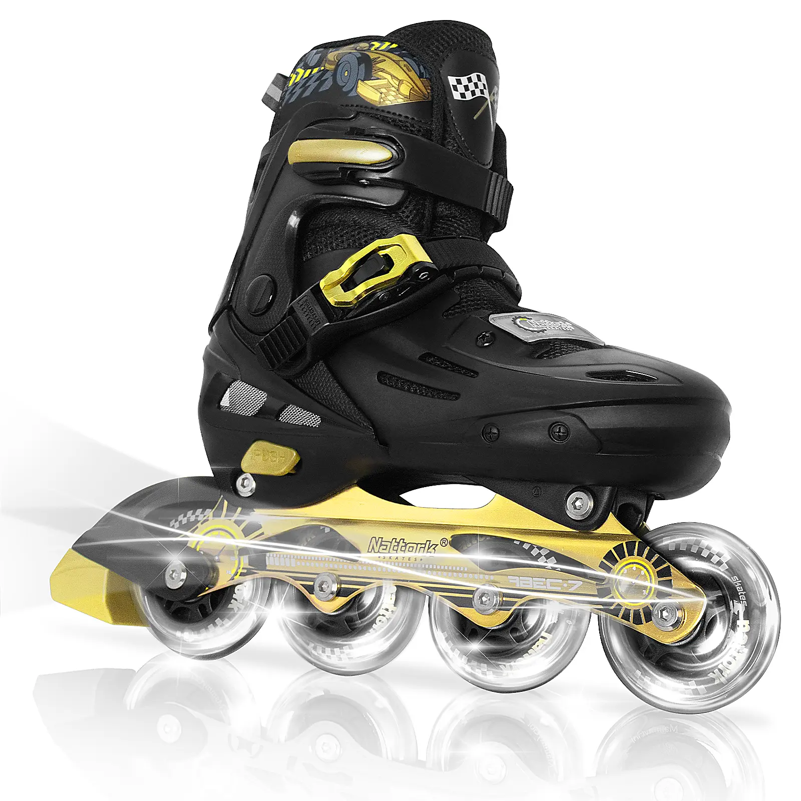 Nattork Inline Roller Skates for Kids, 4-Size Adjustable with Gold Polypropylene Frame and Light Up Wheels, Breathable Mesh, ABEC-7 Bearings, Rollerskating, Flash Wheels