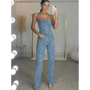 Women’s Diamond Vest & Jeans Set – Sleeveless Tube Top + High-Waist Pocketed Denim Pants, Spring/Summer 2025