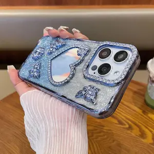 Rhinestone Decor Phone Case with Mirror Lens Protector, Anti-drop Phone Protective Cover, Phone Accessories Compatible with iPhone 11 12 13 14 15 Pro Max