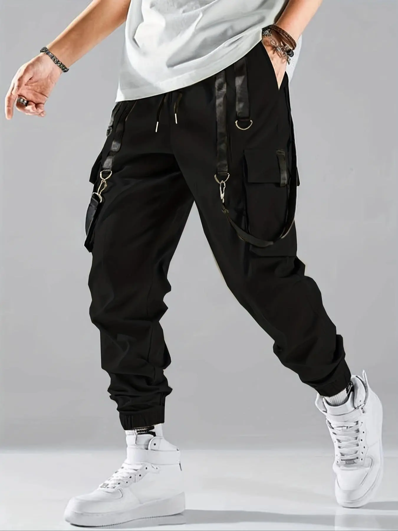 Men's Solid Pocket Drawstring Waist Cargo Pants Casual Pockets, Regular Fit Casual Fashion Trousers for Daily Wear, Men's Bottoms for All Seasons, Jogger Cargo Pants