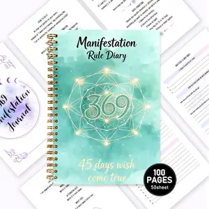 369 Manifestation Handbook, combining Numerology and the Law of Attraction, a multi-functional journal for gratitude journaling. It includes detailed manifestation method instructions (3 times in the morning, 6 times at noon, 9 times in the evening), begi