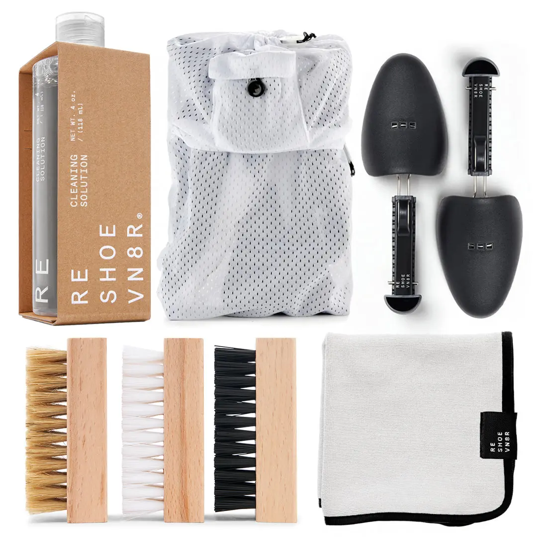 RESHOEVN8R Signature Shoe Laundry Cleaning Kit - Complete Shoe Cleaner Kit included 4 oz Cleaning Solution, Soft, Medium & Stiff Bristle Brushes, Microfiber Towel, Sneaker Laundry Bag, and Adjustable Shoe Trees