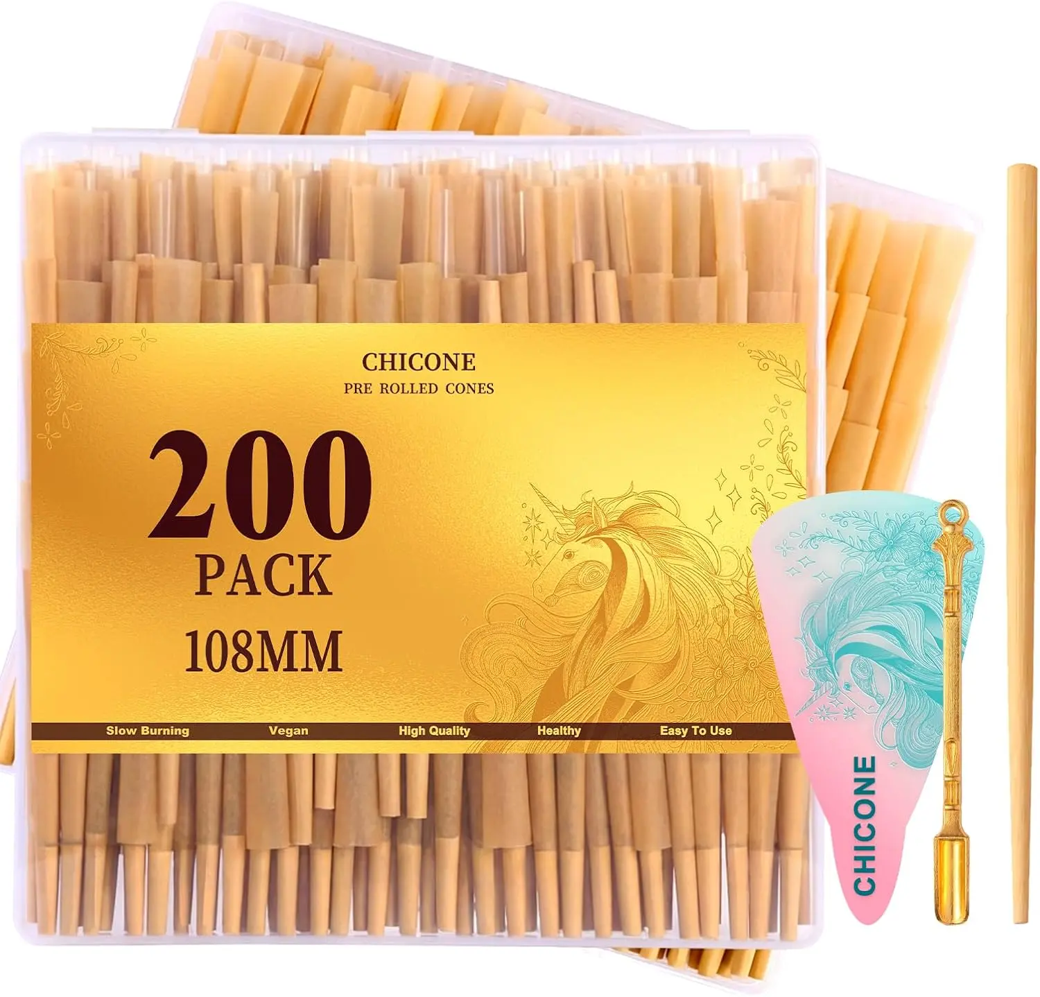 200 PACK Cones Rolling Paper | 108mm King Size Slow Burning | with Loader and Packing Sticks | cones | rolling papers | accessories